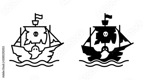 Vászonkép Pirate Ghost Ship Silhouette: A spooky pirate ghost ship, complete with a tattered Jolly Roger flag and a spectral figure emerging from the hull, sails on choppy seas