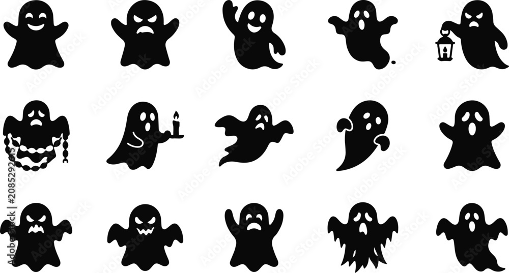 Fototapeta premium Cute and Scary Halloween Ghost Silhouette Icon Collection Vector Isolated