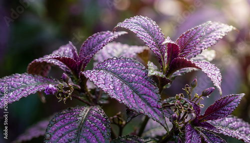Rich Violet Botanical Leaves with Fresh Crystal Dew Representing Creativity Imagination and Artistic Inspiration in an Elegant Macro Nature Wallpaper Background