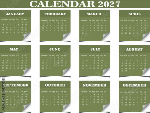 Vector 2027 calendar template design green annual scheduler planner layout corporate organizer
