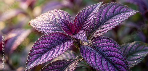 Rich Violet Botanical Leaves with Fresh Crystal Dew Representing Creativity Imagination and Artistic Inspiration in an Elegant Macro Nature Wallpaper Background