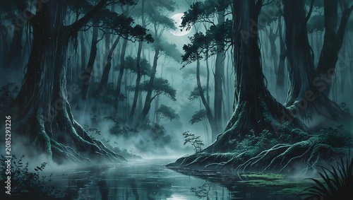 Mysterious Twisted Forest Watercolor Background with Ancient Tree Roots.