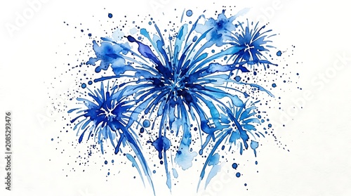 Blue watercolor firework explosion isolated on white background