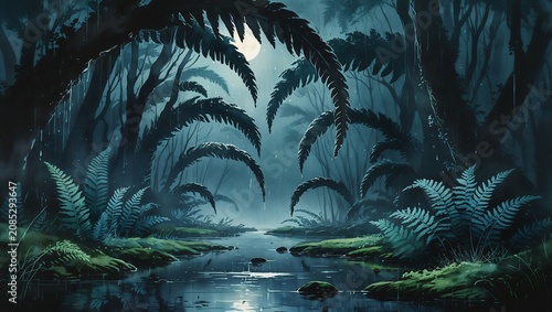 Tropical Jungle Lagoon Watercolor Background with Exotic Forest Landscape.