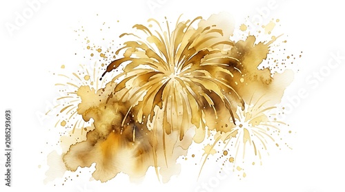 golden watercolor firework explosion illustration isolated on white background