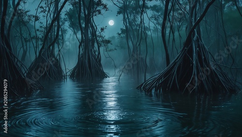 Dark Swamp Forest Watercolor Background with Mystical River Reflection.