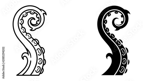 Bild auf Leinwand Tentacle Icon: A graphic illustration showcasing a stylized tentacle in both an outline and a silhouette version, representing mysterious creatures or a symbol of the deep sea