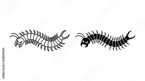 Foto Spooky Centipede Silhouette: Two stylized centipedes, one outlined and one silhouetted in black, with menacing eyes and sharp mandibles, ready to creep into your design