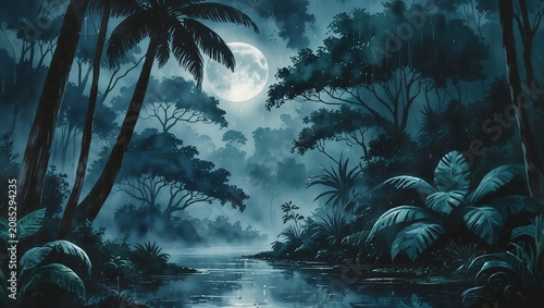 Tropical Coastal Jungle Watercolor Background with Palm Trees and Sea.