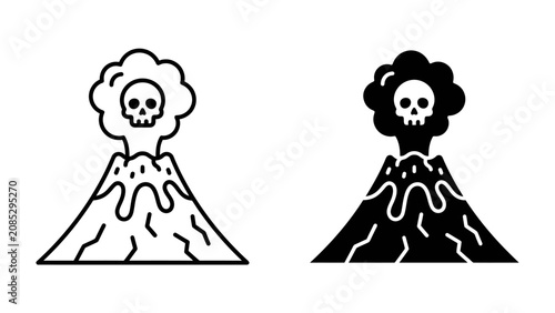 Photos Volcanic Eruption Symbol: Two stylized illustrations depict a volcano erupting, with lava flows and a skull-shaped cloud signifying danger