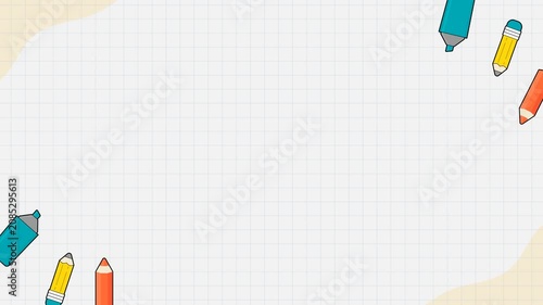 Seamless looping background animation of swinging pencils and markers on corners with wide center text copy space on white grid graph notebook paper background. Flat style concept design