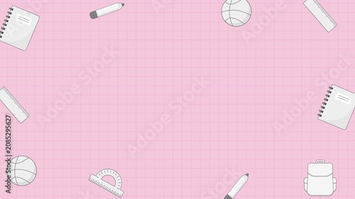Seamless looping background animation of swinging school elements with wide center text copy space on pink grid graph notebook paper background. Flat style back to school concept design