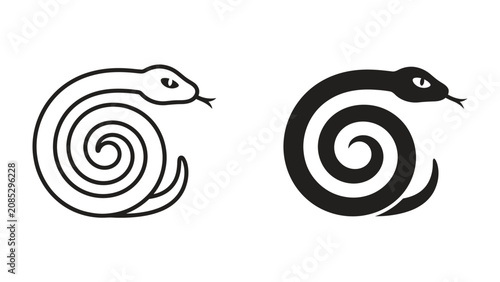 Fotografie Stylized Snake Silhouette: Two minimalist representations of a coiled snake, one outlined and one solid black, convey a sense of sleek danger and elegant design