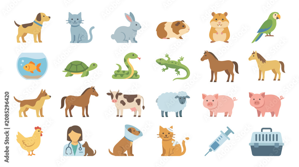 Obraz premium Veterinarian icons featuring various animals and medical supplies illustrate professional animal healthcare services.