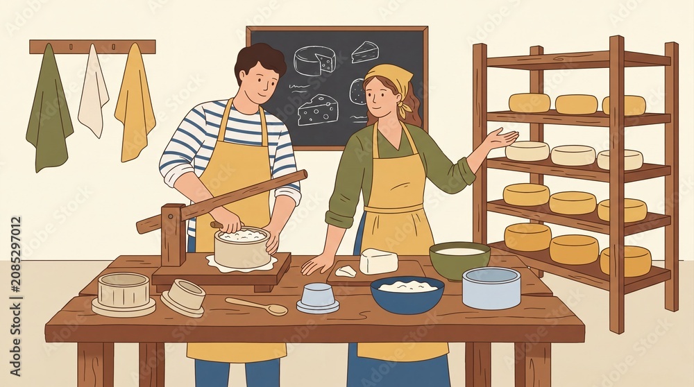 Fototapeta premium Cheesemakers preparing cheese in a workshop with traditional tools and ingredients