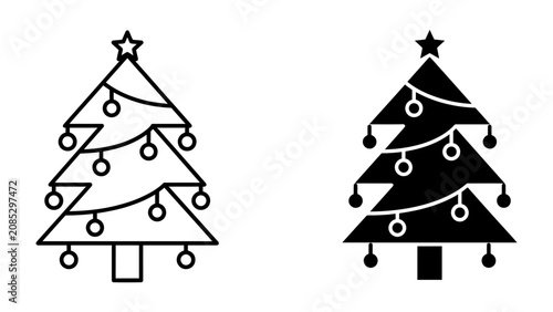 Fotografie Festive Christmas Tree Icon Set: Two stylized icons of a Christmas tree, one outlined and one solid black, both adorned with lights and a star, symbolizing the holiday spirit and festive decorations