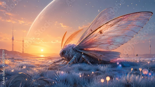 Giant Solar Sail Mothbeast Resting in Alien Meadow