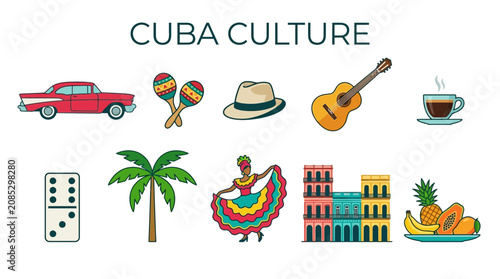 Canvas Print Colorful Cuban Culture Illustration with Music, Transport and Tropical Elements