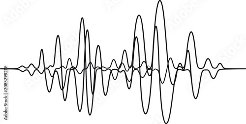 Fotografi Two overlaid complex black waveform lines oscillate around a central horizontal