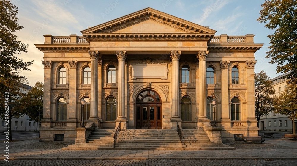 Obraz premium Bank's exterior facade with tall classical columns and a blank generic sign above the entrance – Blank Loan Document Finance Concept, No People Stock Photo