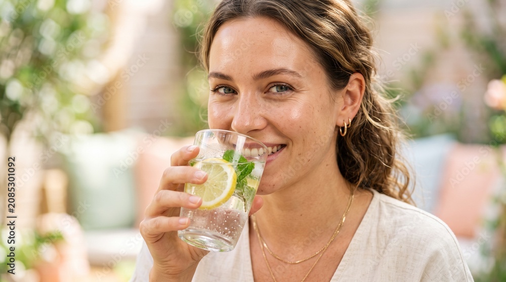 Fototapeta premium Happy young woman drinking refreshing lemon and mint water in a sunny outdoor garden setting
