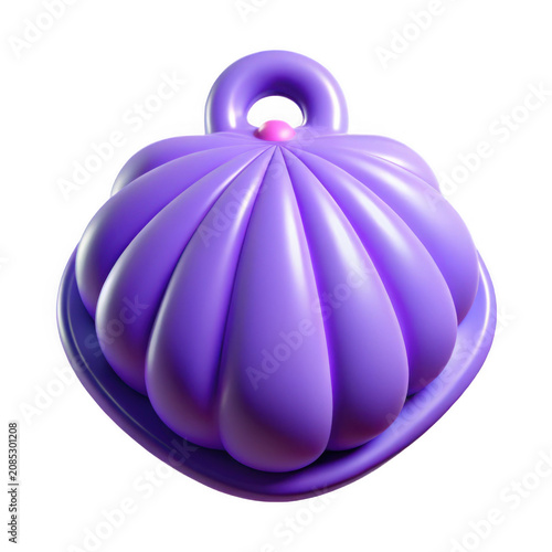 A 3 d rendered purple scallop shell pendant with a smooth glossy texture and a small pink circular accent, isolated on a black background