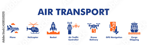 Bild auf Leinwand AIR TRANSPORT web banner icon vector illustration concept with icon of Plane, He