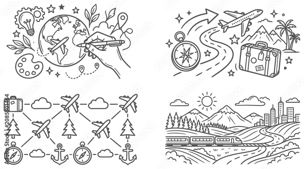 Fototapeta premium travel icon set with airplane globe and compass