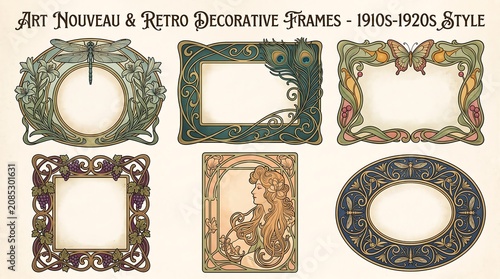 Set of elegant art nouveau decorative frames with vintage organic motifs including dragonflies flowers butterflies and female figures in retro style.