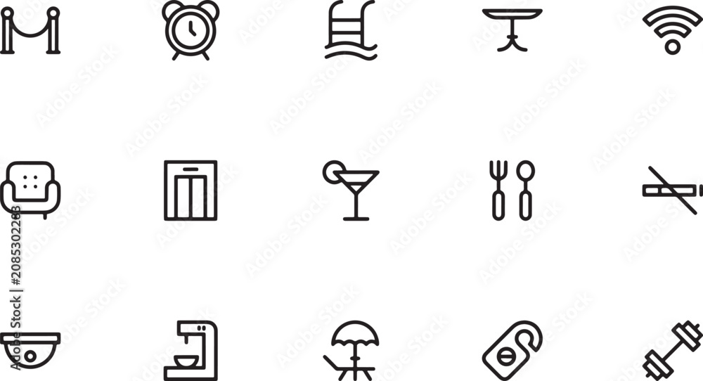 Fototapeta premium Luxury hotel resort and vacation outline vector icon set featuring morning alarm clocks swimming pools cocktails elevators restaurant dining and bar drinks