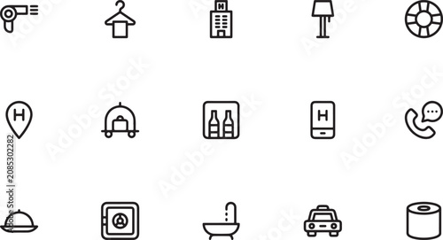 Foto Hotel accommodation and hospitality outline vector icons featuring clothes hange