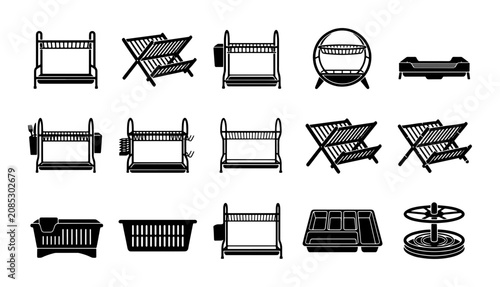 Canvastavla Kitchen Dish Drying Racks, Utensil Holders, and Draining Trays Vector Icons Set,
