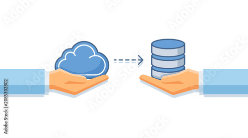 Hands presenting a cloud storage icon and a database icon represent the migration of digital information between two distinct computing platforms.