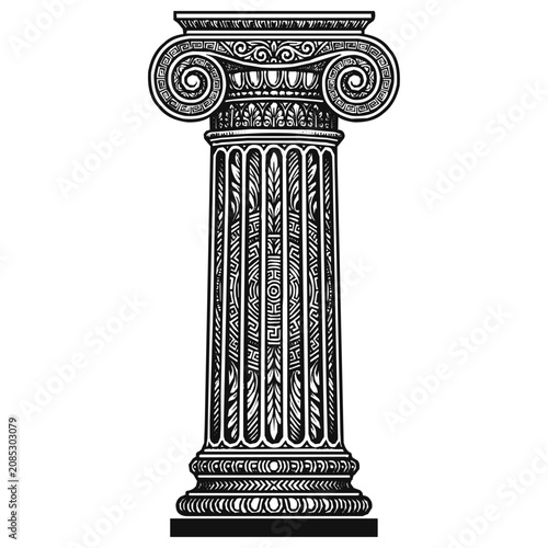 Ornate Ionic column illustration with classical architectural details and intricate carvings for ancient history and museum design concepts.