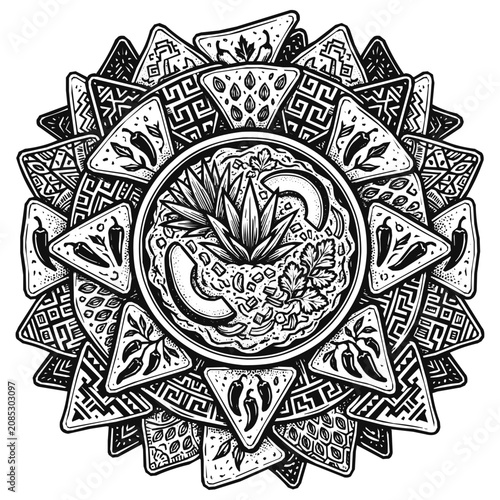 Traditional Mexican food mandala with crunchy tortilla chips and creamy guacamole decorated with spicy chili peppers and patterns