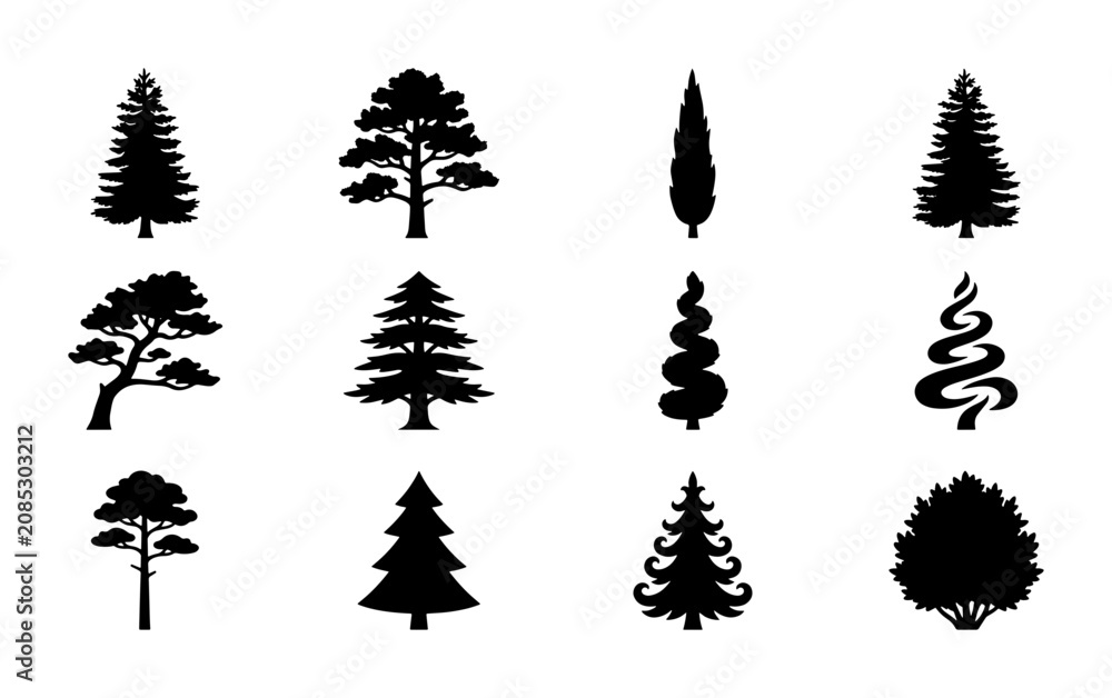 Obraz premium Diverse Evergreen Tree Silhouettes Collection, Coniferous and Deciduous Vector Icons, Nature Elements for Design