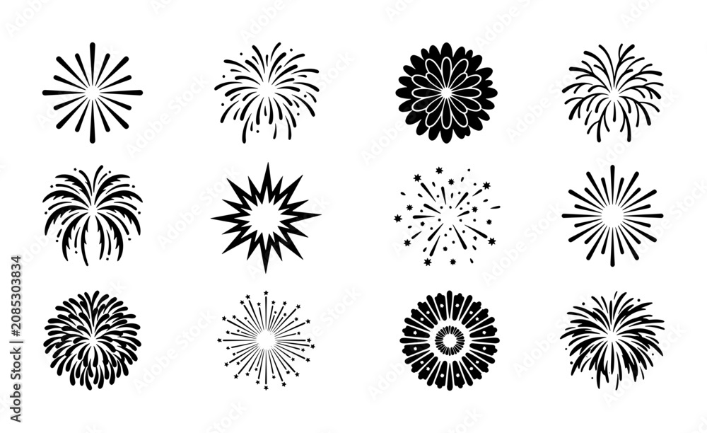 Obraz premium Explosive Firework Icons Set, Festive Celebration Burst Graphics, Dynamic Pyrotechnic Starburst Vector Collection, Celebration Event Design Elements