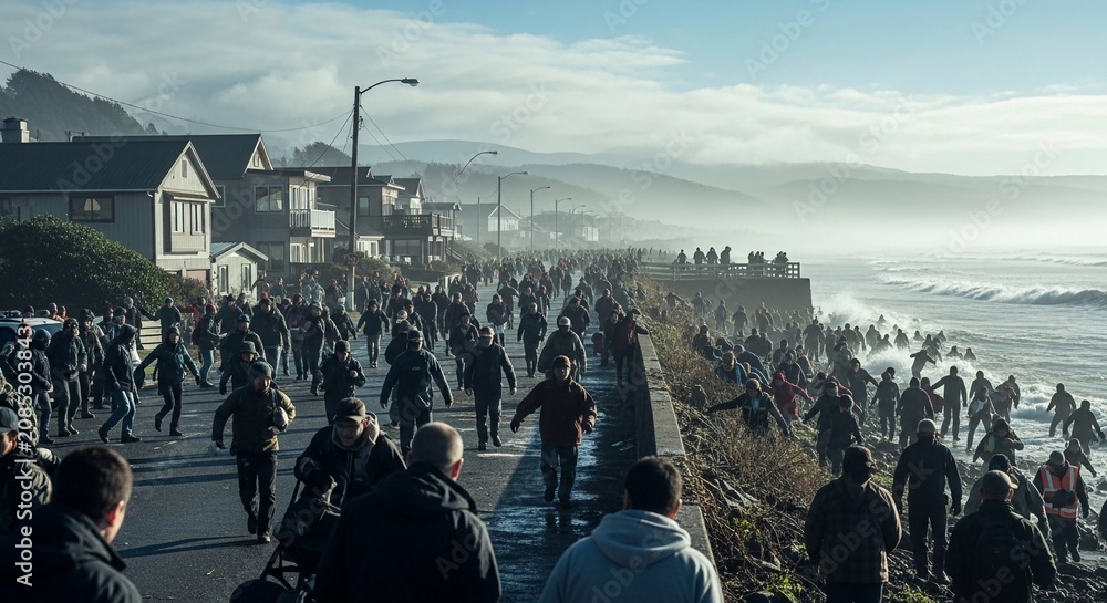 Fototapeta premium Massive evacuation unfolds along a coastal road as a large crowd flees a tsunami danger, showcasing urgent survival instincts.