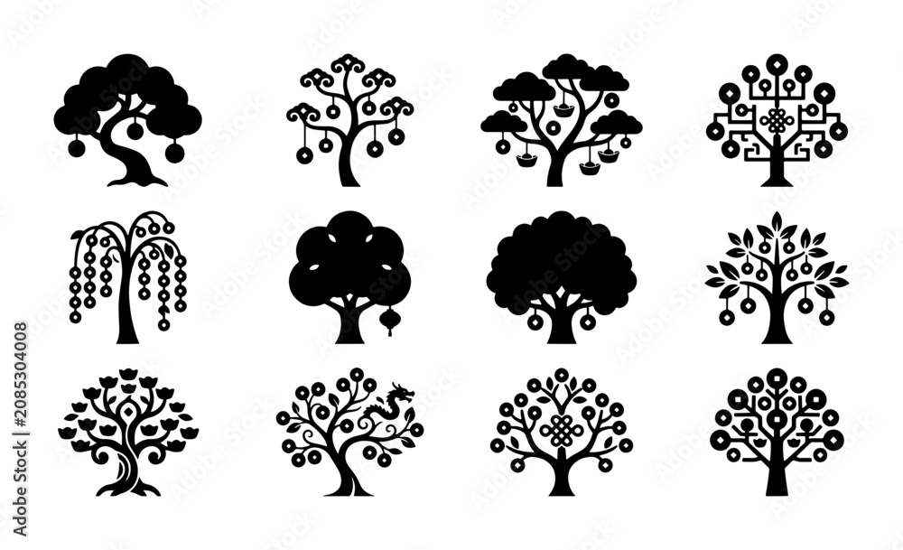 Obraz premium Set of 12 Black Silhouette Trees, Decorative Orchard and Fortune Symbols, Vector Icons for Nature and Prosperity Themes