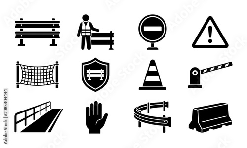 Foto Construction Safety Icons, Road Barrier Symbols, Traffic Control Elements, Secur
