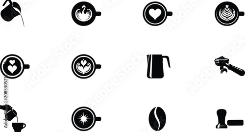 Tableau sur toile Black and White Barista Coffee Vector Icon Set with Latte Art, Pitcher, Portafil