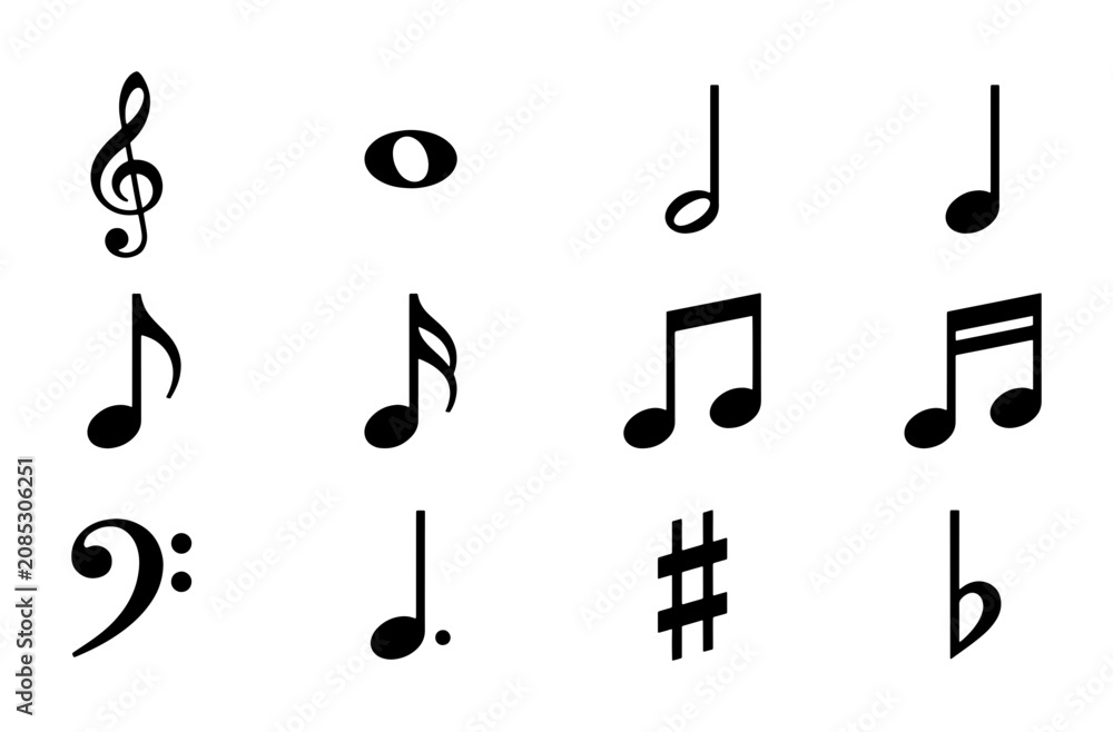 Fototapeta premium Musical Notation Symbols Vector Set: Treble Clef, Bass Clef, Notes, Rests, Sharps, Flats for Music Education and Design