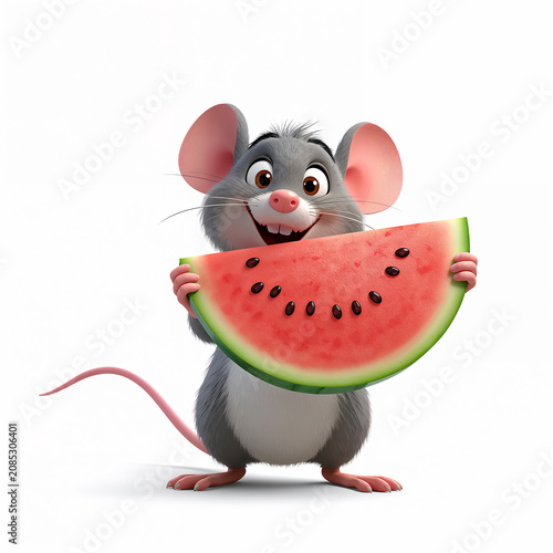 Funny cartoon playful mouse with a piece of watermelon isolated on white background  