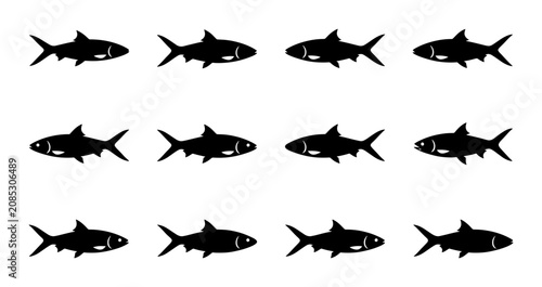 Foto School of Silhouettes, Twelve Black Fish Icons, Marine Life Vector Pattern, Aqua