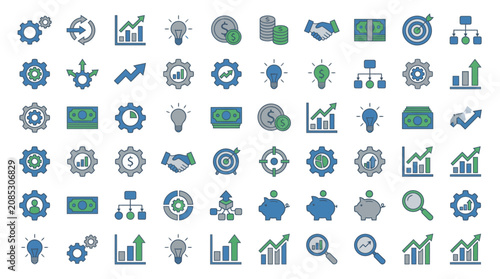 Canvas-taulu Icons representing business growth, financial management, and corporate strategy are arranged in a grid pattern