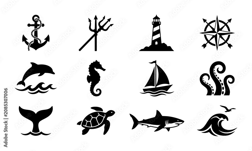 Obraz premium Nautical Vector Icons Set: Anchor, Trident, Lighthouse, Compass Rose, Dolphin, Seahorse, Sailboat, Octopus, Whale Tail, Turtle, Shark, Waves - Marine Collection