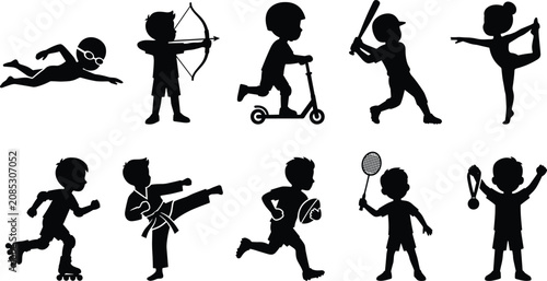 Foto vector set of black silhouettes representing active children participating in di