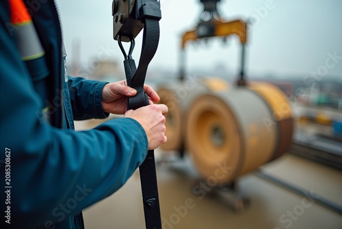 Detailed View of a Crane Operator's Hands Securing Rigging Straps, Emphasizing Safety and Precision Against a Blurred Heavy Load Background