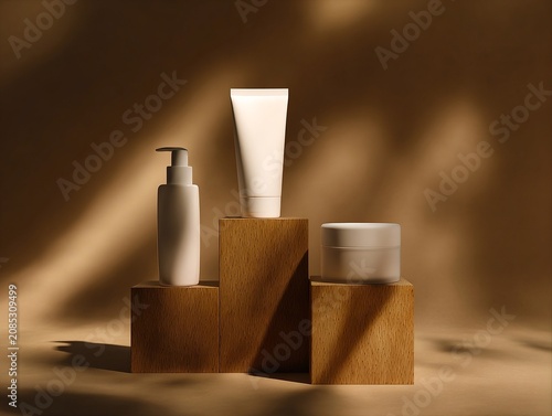 Minimalist cosmetic skincare product mockup with blank white containers displayed on wooden podiums in warm natural light, ideal for beauty branding, packaging, wellness, and luxury skincare concepts.