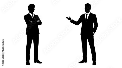 Business Meeting Silhouettes: Two sharply dressed business professionals stand as stark black silhouettes against a bright white background, one with arms crossed in contemplation.